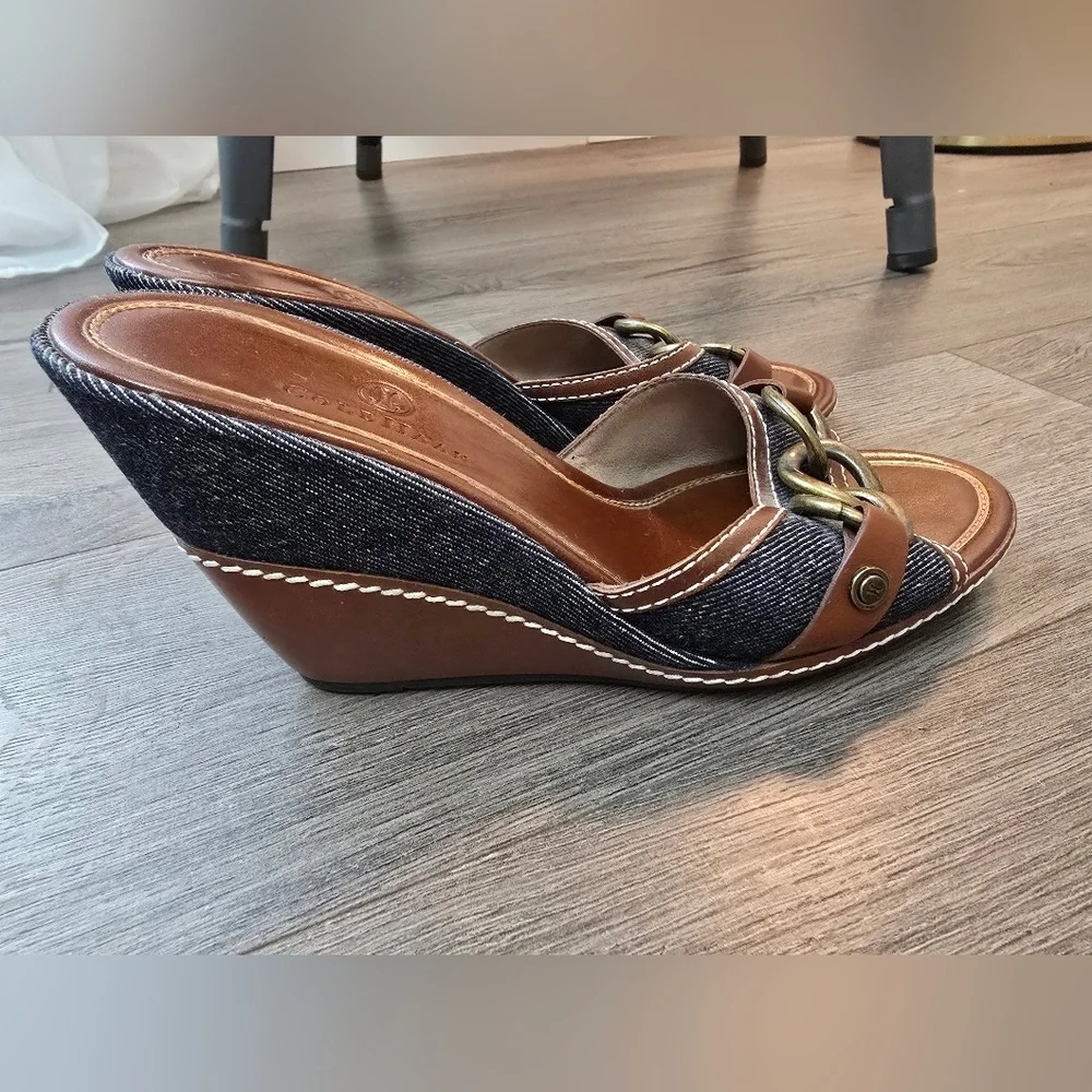 Cole Haan Leather Denim Metal Detail Wedges Ladies Size 7.5